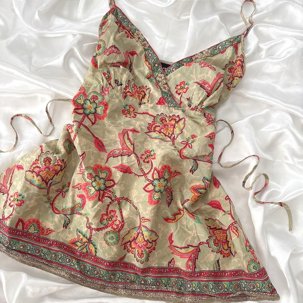 a.n.a Floral Paisley Beaded Cami Top Green Pink Size Petite Medium